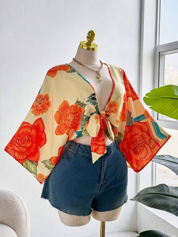 Ceyna Große Größen Blumen Twist Detail elegantes Urlaubshemd