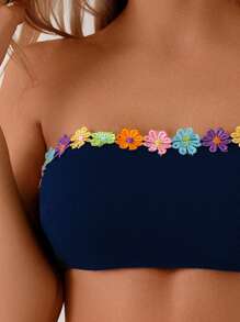 SHEIN Swim 2pcs Women Floral Pattern Bandeau Bikini Set, Summer Beach Party - Navy Blue - View 4