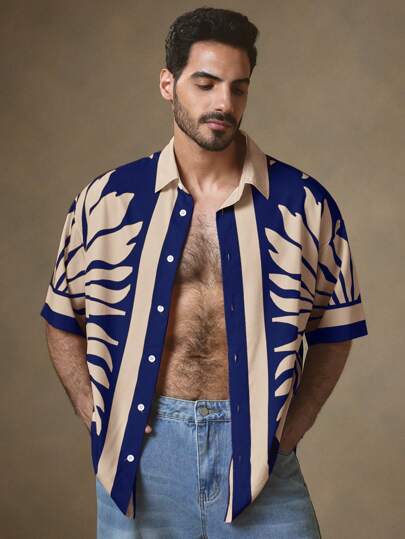 HIMLAND Camisa casual de hombre con estampado floral grande, holgada, de manga corta y hombros caídos. Camisa cubana, camisa retro y camisa de resort para hombre