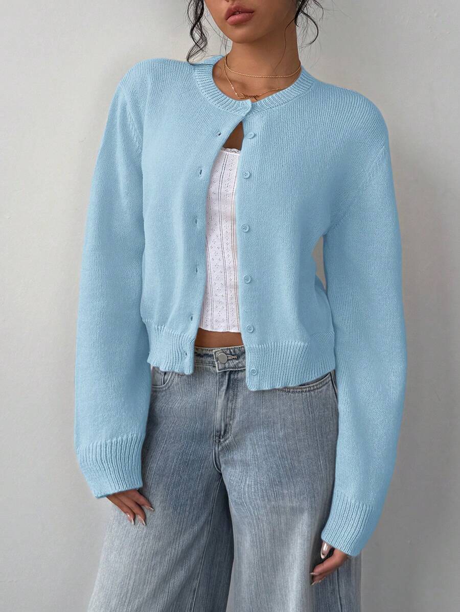 SHEIN BASICS Cárdigan de punto holgado con cuello redondo y manga larga de unicolor para mujer - Azul - Ver 1