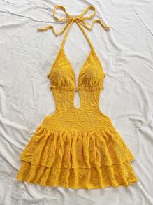 Soleia Women's Yellow Summer Boho Holiday Vacation Textured Deep V-Neck Backless Tied Bow Ruffle Hem Mini Dress, Beach Sundress For Party&Wedding Season - Yellow - View 6