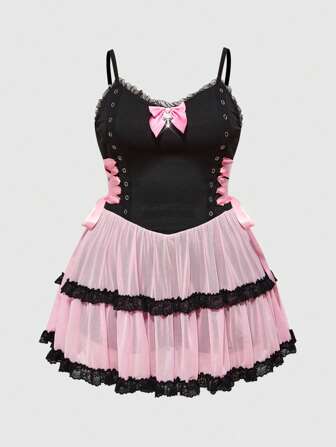 Kawaii Vestido con cordón y adornos de encaje, lazo y cruce, estilo retro grunge punk para mujer de talla grande