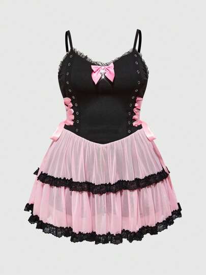 Kawaii Robe à cordon de serrage avec garniture en dentelle de croix et nœud, style rétro grunge punk, grande taille pour femmes