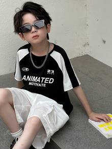 Dazy Kids Boys Kids Fall Outfit Set: Crew Neck Knit Printed T-Shirt + Shorts - Black and White - View 1