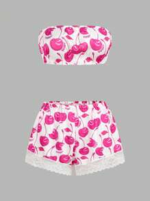 Set de lencería de 2 piezas con sujetador tipo bandeau y pantalones cortos de seguridad con estampado de cerezas, dulce y lindo
