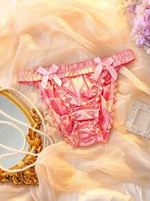 Satin Fabric, Pleated Ruffle Trim, Bow Decor, Pleat Detail, Flattering Fit, Shiny Metallic, Women's Panties, Suitable For Daily Wear, Party, Vacation - Pink - View 4