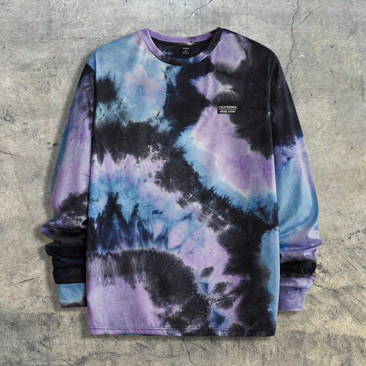 Camiseta de manga larga con detalles de parche de letras teñidas con efecto tie-dye para hombre, para salir, para amigos, verano, estilo streetwear,