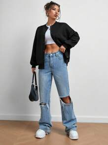 SHEIN EZwear Solid Drop Shoulder Bomber Jacket,Ladies Spring/Fall Casual Button Drop Shoulder Baseball Collar Oversized Black Plain Women Jackets,Casual Daily Wear - Black - View 2