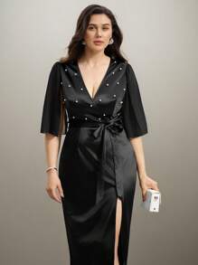 SHEIN Clasi Khăn choàng satin thanh lịch, váy midi bó eo trang trí ngọc trai taffeta cho phụ nữ ngoại cỡ, váy dự tiệc cưới mùa hè - màu đen - Xem 3