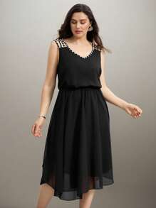 SHEIN Clasi فستان طويل من الشيفون المزين باللآلئ للمرأة البدينة، فستان صيفي، ملابس كاجوال