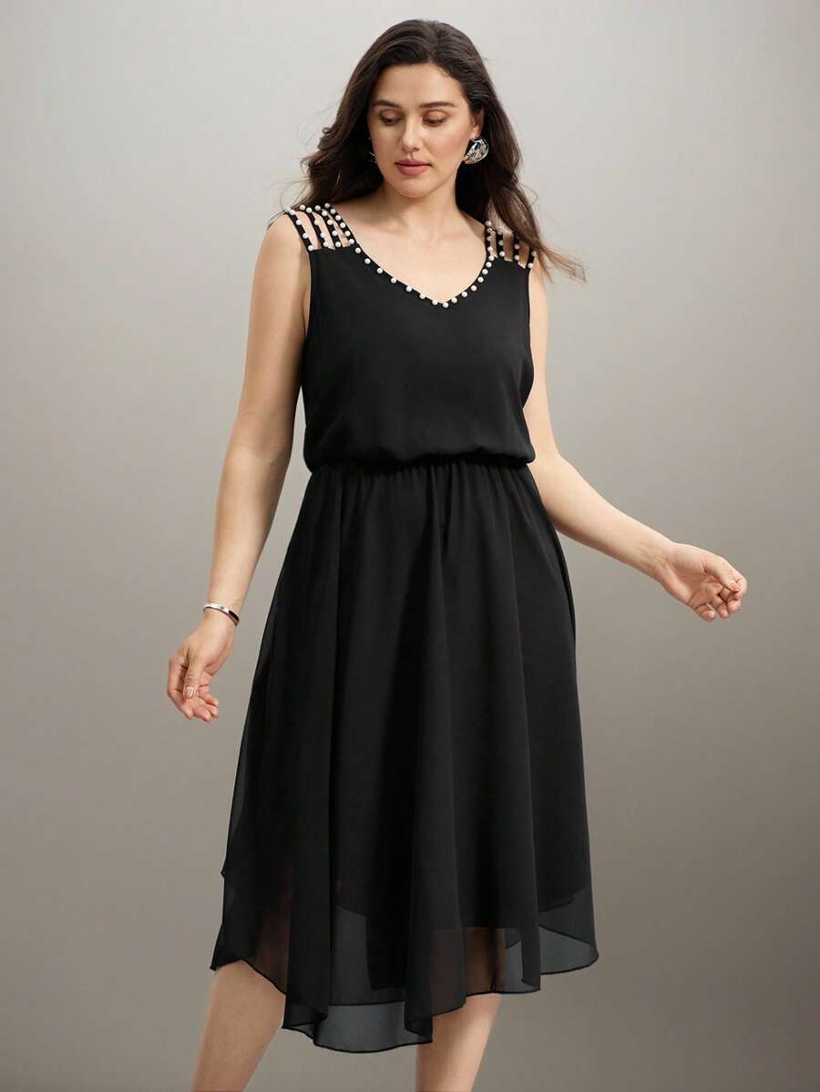 SHEIN Clasi فستان طويل من الشيفون المزين باللآلئ للمرأة البدينة، فستان صيفي، ملابس كاجوال