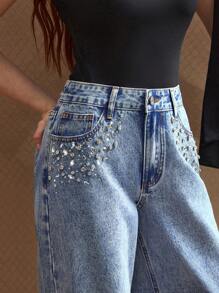 SHEIN BAE Low-Rise Distressed Embellished Rhinestone Washed Straight Leg Jeans - Medium Wash - View 7