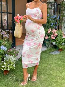 SHEIN 孕妇优雅花卉印花无袖紧身连衣裙 - 粉色 - 查看 1