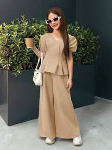 SHEIN 青少年女孩休闲通勤泡泡袖上衣和直筒裤两件套 - 卡其色 - 查看 3