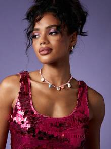 MISSGUIDED Sequin Evening Party Tank Top Sparkly Festival Concert Club Dance Cami Sleeveless Glitter Performance Stage Crop - Hot Pink - View 6