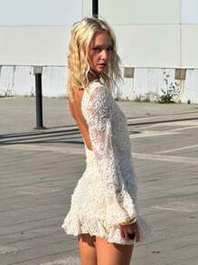 SHEIN ICON Nowa Elegancka Koronkowa Sukienka Mini Z Odkrytymi Plecami, Kolor Blokowy, Kremowy Jednolity Kolor - Morela - Zobacz 3