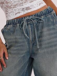SHEIN BAE 女式低腰抽绳复古做旧洗水直筒牛仔裤适合街头休闲百搭牛仔裤春季 90 年代 Y2k 可爱优雅休闲度假夏季宽松牛仔裤 - 中等水洗藍 - 查看 5
