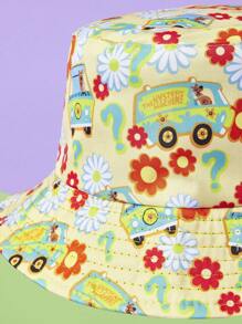 SCOOBY-DOO X SHEIN Reversible Cartoon Car & Floral Pattern Cute Bucket Hat - Black - View 3