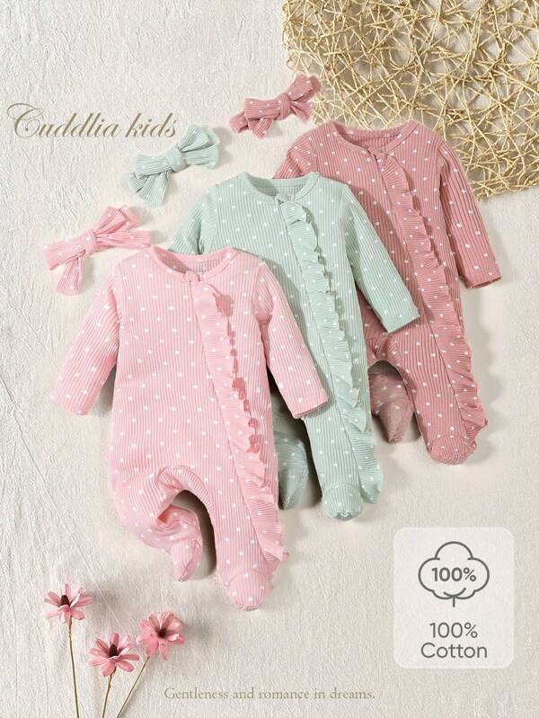 6 pièces Pyjamas pour bébé garçon/fille nouveau-né avec combinaison à manches longues à glissière avec volants, décoration nœud papillon, motif pois, et pantalon