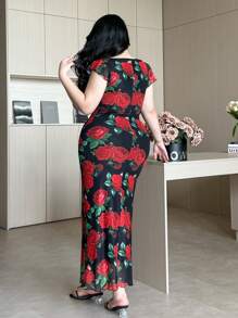 Vibekara Đầm suông tay lỡ in hoa buộc dây phía trước cỡ lớn cho nữ thanh lịch - Nhiều màu - Xem 2
