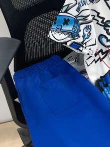SHEIN 2 件套 Tween Boys 都市时尚圆领短袖 T 恤和短裤套装，街头服饰 - 寶藍色 - 查看 6