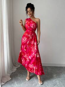 Elenzga Vestido con estampado floral, cintura plisada, hombro asimétrico y recorte, elegante para mujer, Verano 2025 - Rojo - Ver 5