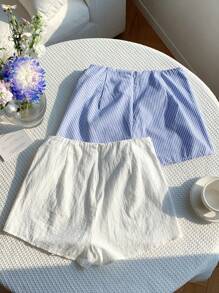 Comfortcana Bộ 2 món/Bộ quần sọc nơ vải lanh mùa hè cho nữ và quần short quấn dây rút màu trắng thích hợp cho kỳ nghỉ ở bãi biển - Xanh và trắng - Xem 2
