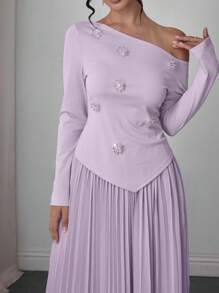 Modelyn 2 件套女士春夏斜肩串珠花朵装饰褶边雪纺裙 - 淡紫色 - 查看 6