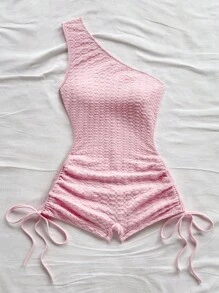 Soleia 女士度假休闲纯色单肩抽绳连体衣，夏季装海滩西部度假音乐节夏季装波西米亚白色度假 - 粉色 - 查看 5