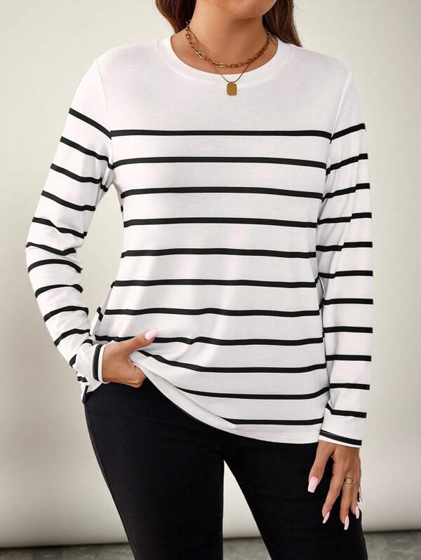 SHEIN LUNE Plus Size Round Neck Long Sleeve Striped Simple T-Shirt, Casual Everyday Wear Women Tops White Top Black Shirt Fall Clothes Clothes Travel Outfit Airport Holiday Outfit