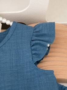 SHEIN Vintaside Kids 幼儿女童夏季新款圆领后开袖荷叶边前蝴蝶结装饰衬衫和休闲直筒短裤 2 件套，简约复古时尚服装 - 藍色 - 查看 7