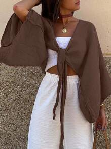 INAWLY Women's Casual Solid Color Bat-Wing Sleeve Cropped Shirt Fall Cloth For Women - Coffee Brown - View 4