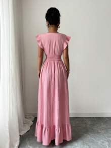 Breezaya 女士纯色荷叶边下摆长款度假海滩装连衣裙 - 粉色 - 查看 2