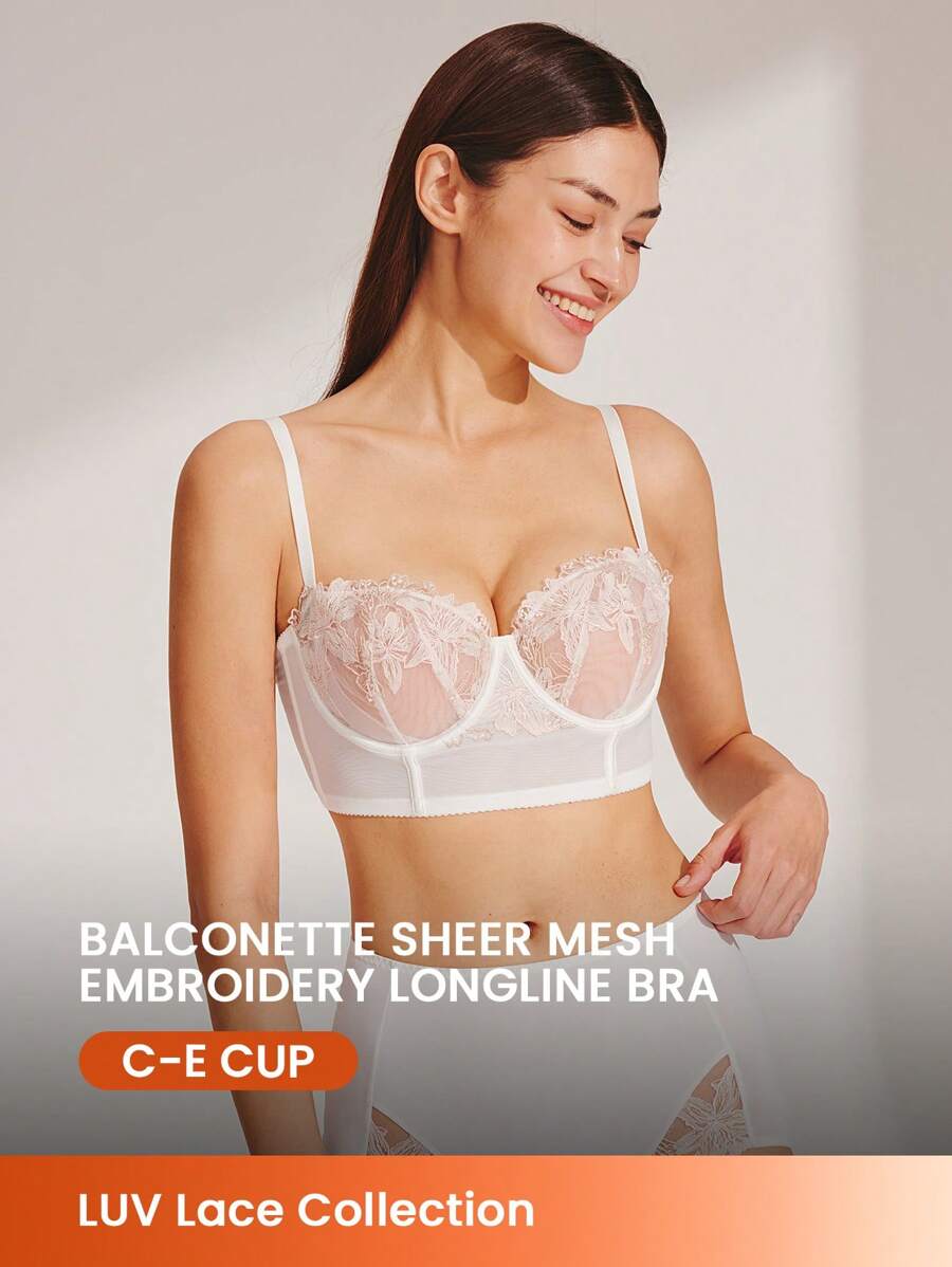 LUVLETTE 女人刺绣优雅内衣透气半罩杯文胸钢圈性感无衬里网眼蕾丝白色紧身胸衣缩小长线文胸新娘内衣 - 白色 - 查看 1