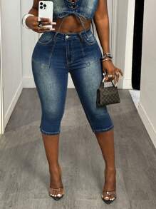 Slaydiva 女士低腰牛仔裤，夏季时尚女装，低腰牛仔裤，低腰紧身七分裤 - 深色水洗藍 - 查看 2