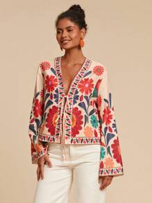 Travachic 度假印花宽松长袖女式衬衫，编织图案印花，休闲夏日度假女士，波西米亚海滩，海滩必备，前中心绳带，俱乐部，适合度假，下午茶 - 彩色 - 查看 7