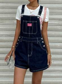 SHEIN 少女斜口袋休闲牛仔工装裤，带标签，春夏休闲度假乡村波西米亚风 - 深色水洗藍 - 查看 5