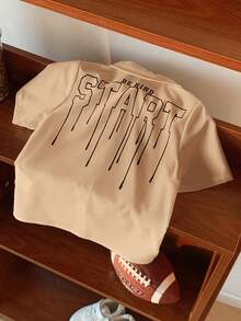 SHEIN 1 件年轻男孩休闲运动衬衫，带后字母图案领短袖衬衫，适合返校，适合生日派对、聚会、表演、婚礼、洗礼、返校，适合日常，适合上学，适合旅行，适合运动，适合春夏季 - 卡其色 - 查看 2
