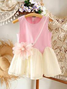 SHEIN Girls' Summer Mermaid Tail Dress With Flower Trim, Princess Style With Mini Bag, New Design - Pink - View 1