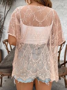 SHEIN VCAY 大码女式透明蕾丝短袖和服 - 卡其色 - 查看 2