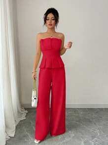 Elenzga 女士纯色收腰直筒阔腿裤，优雅无袖连体裤，适合通勤和休闲穿着 - 紅色 - 查看 5