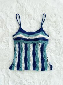 Sweetina Summer Going Out Vacation Beach Hawaii Blue Women Cute Crochet Casual Color Block Cropped Knit Camisole