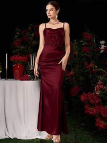 Coutiva Váy dạ hội trang trí đính đá dài cho nữ, váy dự tiệc, dành cho khách dự tiệc cưới - Màu Đỏ Sâu - Xem 6