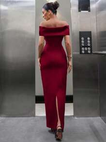 EURMUSE Elegant Style, Bardot Shoulder, Satin Bow Detailed On Front Long Black Dress - Red - View 2