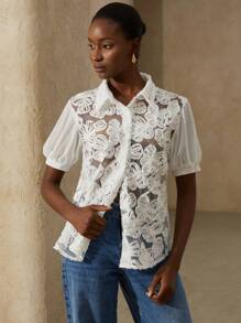 GENKIRA Áo cánh tay ngắn bằng vải chiffon lưới 3D dành cho nữ - trắng - Xem 4