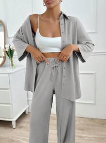 大码女装两件套，前扣长袖上衣搭配前系带长裤，简约风格 - 淺灰色 - 查看 4