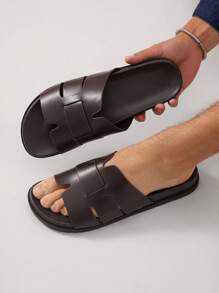 SHUZIA 安静奢华男士简约编织带咖啡色鞋床拖鞋 - 优质 PU 材质，适合街头到游艇俱乐部