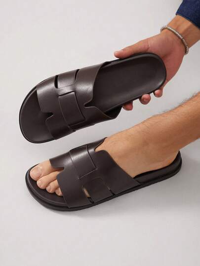 SHUZIA Quiet Luxury Men's Minimalist Woven Strap Coffee Footbed Slide Sandals -Premium PU Construction For Street To Yacht Club