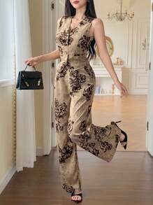 DAZY 2pcs Women Floral Printed Camisole And Pants Set, Spring/Summer - Khaki - View 5