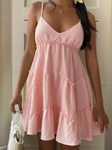 SHEIN EZwear 夏季女士编织粉色吊带休闲度假迷你连衣裙 - 粉色 - 查看 5